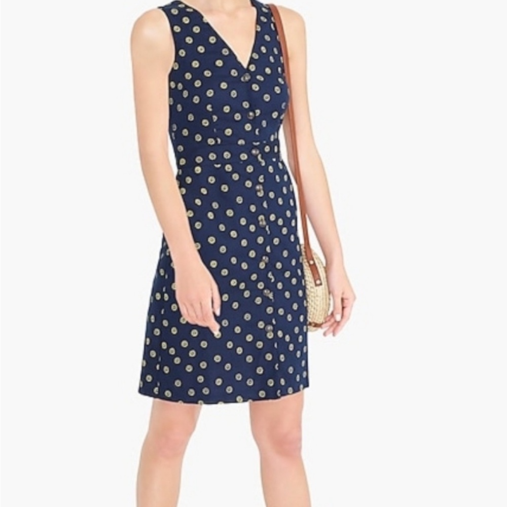 J Crew Navy Button Up Tank Drews Cotton Linen Blend Yellow Flower Print